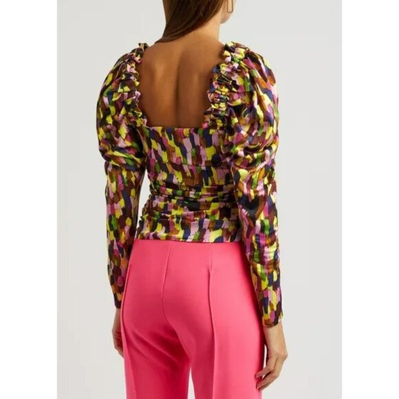 Brogger Multicolor Ruched Sleeve Blouse Colorful Art to Wear Artsy Boho Designer - Picture 15 of 16